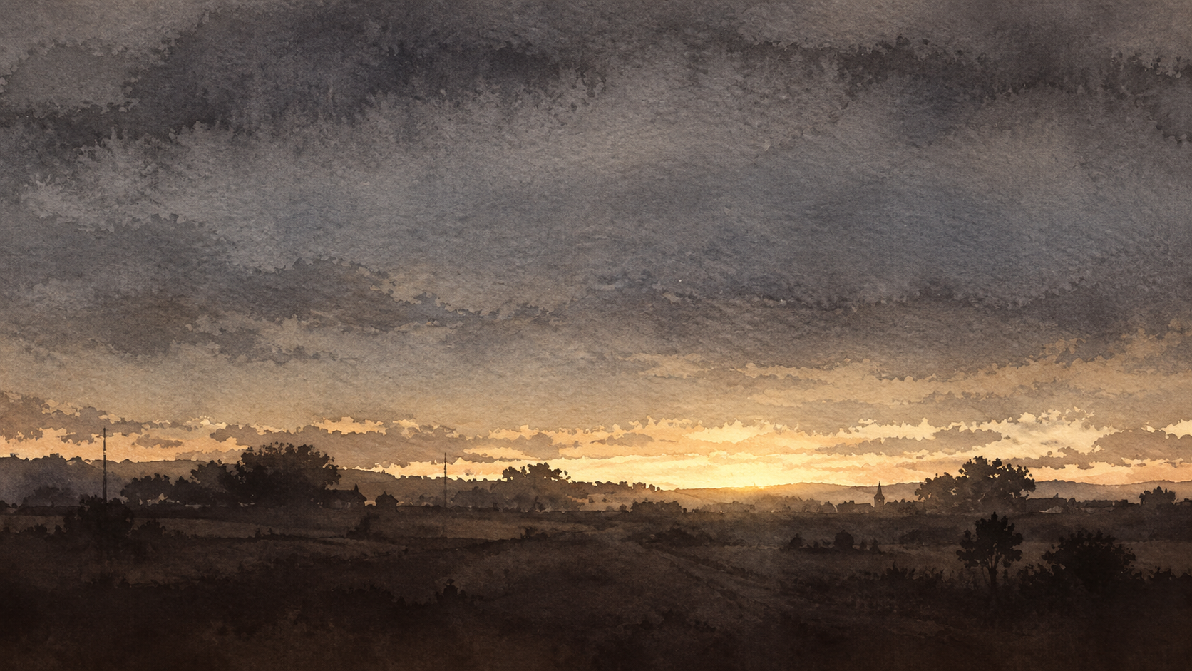Aquarellartige Abendlandschaft mit warmem Licht am Horizont